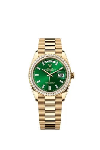 Rolex - 128348RBR-0078 Day-Date 36 Yellow Gold - Diamond / Bright Green - Baguette / President