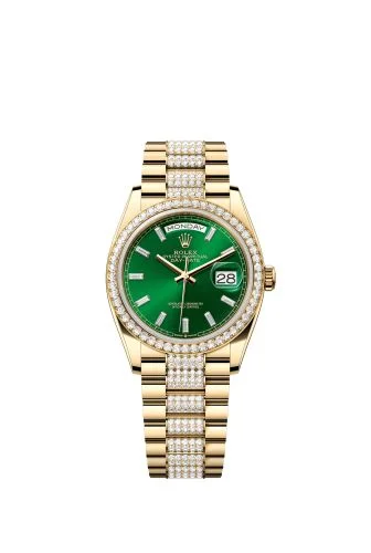 Rolex - 128348RBR-0079 Day-Date 36 Yellow Gold - Diamond / Bright Green - Baguette / President - Diamond