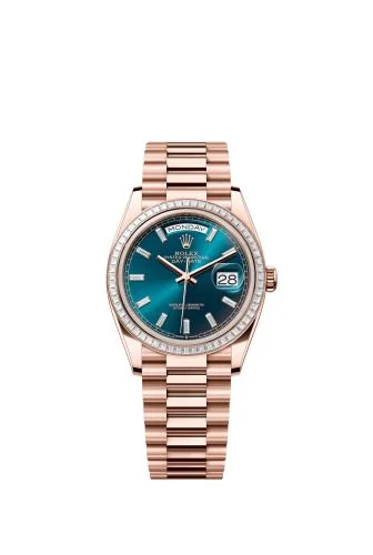 Rolex - 128395TBR-0032 Day-Date 36 Everose Gold - Baguette / Blue-Green - Baguette / President