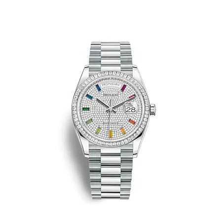 Rolex - 128396TBR-0006 Day-Date 36 Platinum - Baguette / Paved - Rainbow / President