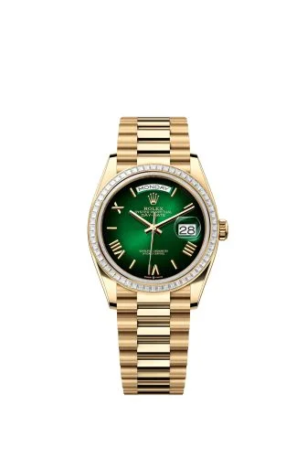 Rolex - 128398TBR-0028 Day-Date 36 Yellow Gold - Baguette / Green Ombré - Roman / President