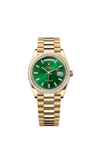 Rolex - 128398TBR-0035 Day-Date 36 Yellow Gold - Baguette / Bright Green - Baguette / President