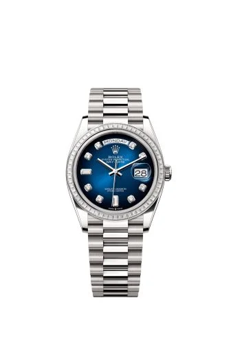 Rolex - 128399TBR-0007 Day-Date 36 White Gold - Baguette / Blue Ombré - Diamond / President