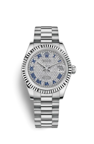 Rolex - 178279-0078 Datejust 31 White Gold Fluted / President / Paved Roman