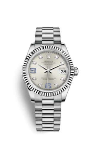 Rolex - 178279-0080 Datejust 31 White Gold Fluted / President / Silver Diamonds & Sapphires