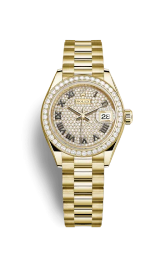 Rolex - 279138RBR-0029 Lady-Datejust 28 Yellow Gold Diamond / President / Paved Roman