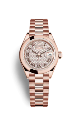 Rolex - 279165-0023 Lady-Datejust 28 Everose Domed / President /  Paved Roman