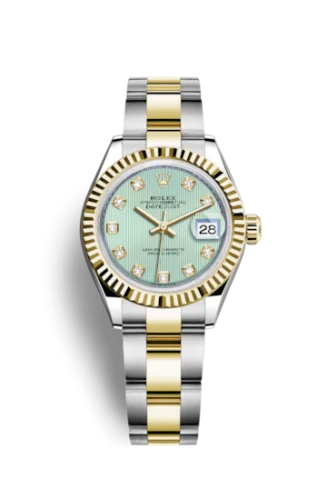 Rolex - 279173-0016 Lady-Datejust 28 Rolesor Yellow Fluted / Oyster / Mint Green Tuxedo
