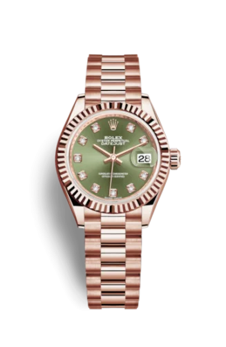 Rolex - 279175-0009 Lady-Datejust 28 Everose Fluted  / President / Olive Green Diamond