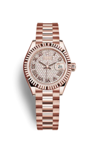 Rolex - 279175-0023 Lady-Datejust 28 Everose Fluted / President / Paved Roman