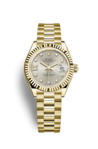 Rolex - 279178-0002 Lady-Datejust 28 Yellow Gold Fluted / President / Silver Diamond