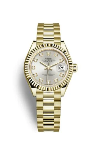 Rolex - 279178-0015 Lady-Datejust 28 Yellow Gold Fluted / President / Silver Diamond