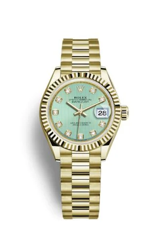 Rolex - 279178-0027 Lady-Datejust 28 Yellow Gold Fluted / President / Green Diamond