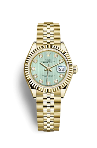 Rolex - 279178-0028 Lady-Datejust 28 Yellow Gold Fluted / Jubilee / Green Diamond