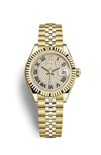 Rolex - 279178-0032 Lady-Datejust 28 Yellow Gold Fluted / Jubilee / Paved Roman