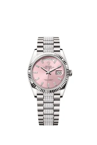 Rolex - 28239-0072 Day-Date 36 White Gold - Fluted / Pink - Baguette / President - Diamond
