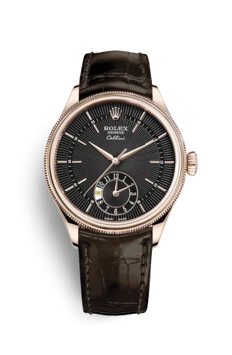 Rolex Cellini Dual Time Everose / Black / Alligator Brown