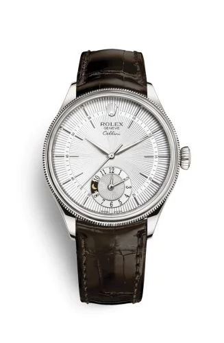 Rolex Cellini Dual Time White Gold / Silver / Alligator Brown