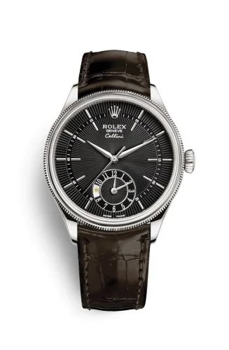 Rolex Cellini Dual Time White Gold / Black / Alligator Brown
