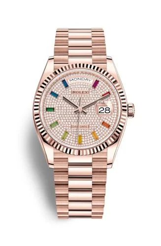 Rolex - 128235-0039 Day-Date 36 Everose Gold / Fluted / Paved-Rainbow / President
